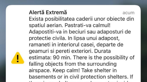 Mesaj RO-Alert în nordul judeţului Tulcea: există posibilitatea căderii unor obiecte din spaţiul aerian