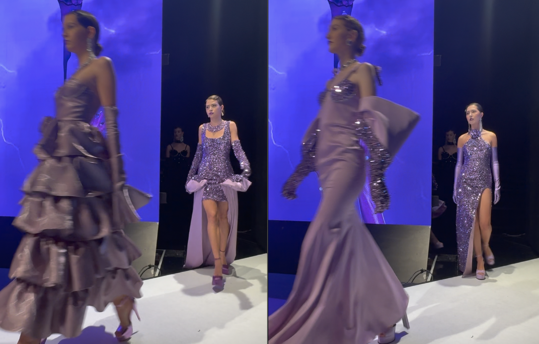 ‘ONCE’ de Tudor Halațiu la Romanian Fashion Week: corsete metalizate, rochii violet și tafta lucioasă într-o colecție despre structură și control estetic